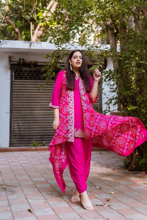 Asymmetrical Short Top,Harrom Pants And Bandhni Jacket